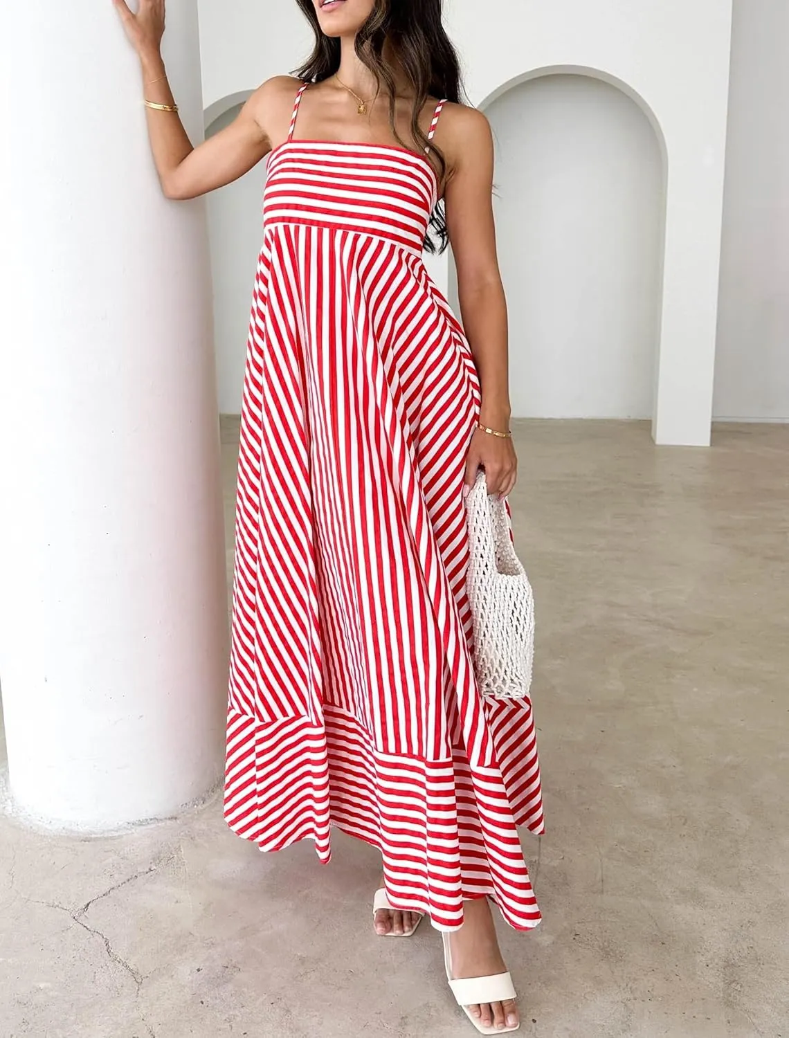 NUFIWI Women Summer Striped Maxi Dress Spaghetti Strap Backless Smocked Long Dress Boho Flowy A Line Beach Sundress