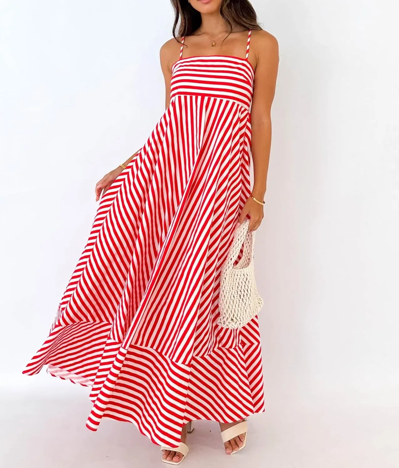 NUFIWI Women Summer Striped Maxi Dress Spaghetti Strap Backless Smocked Long Dress Boho Flowy A Line Beach Sundress
