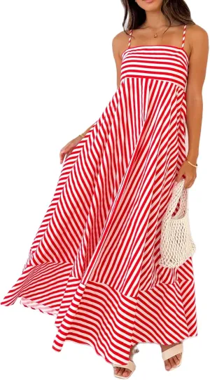 NUFIWI Women Summer Striped Maxi Dress Spaghetti Strap Backless Smocked Long Dress Boho Flowy A Line Beach Sundress