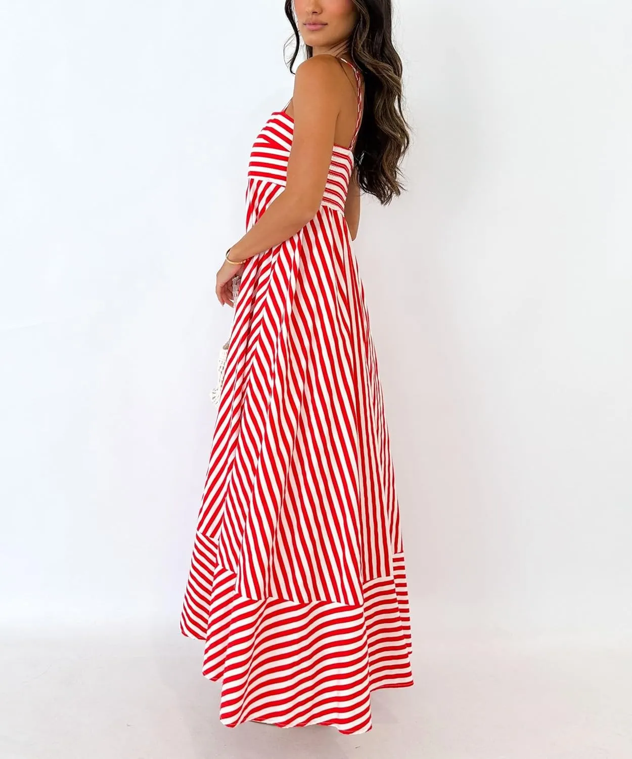 NUFIWI Women Summer Striped Maxi Dress Spaghetti Strap Backless Smocked Long Dress Boho Flowy A Line Beach Sundress