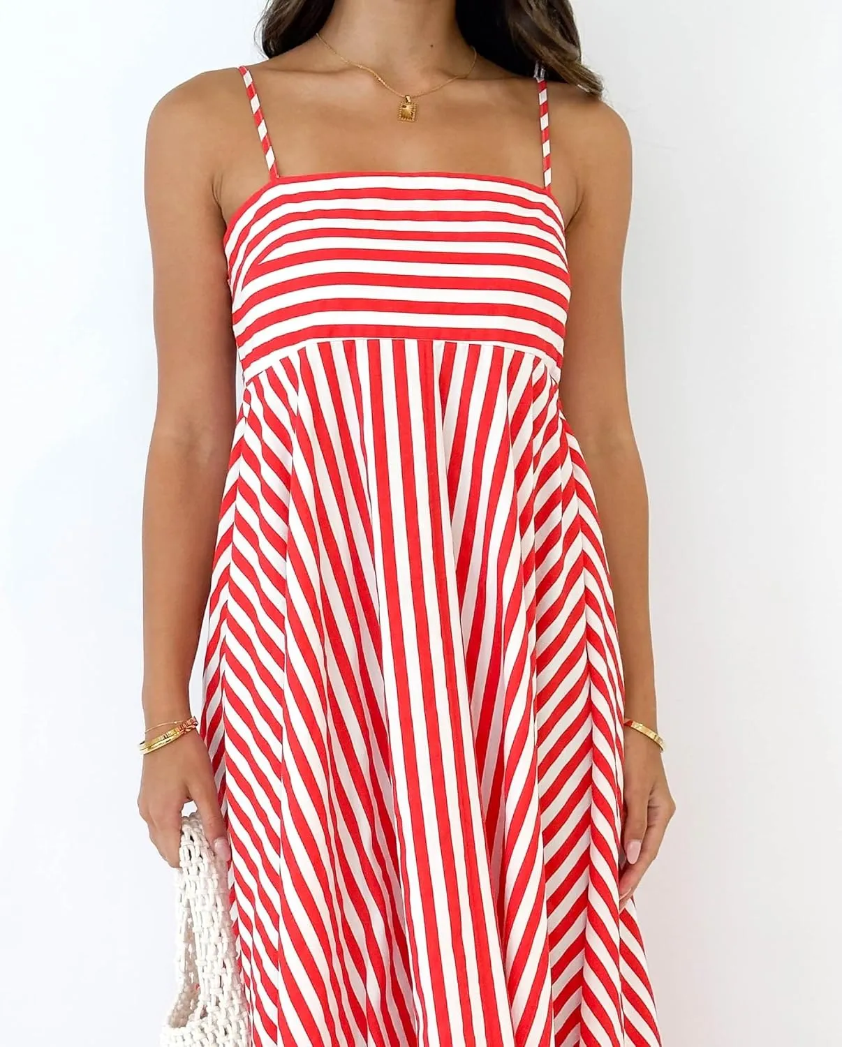 NUFIWI Women Summer Striped Maxi Dress Spaghetti Strap Backless Smocked Long Dress Boho Flowy A Line Beach Sundress