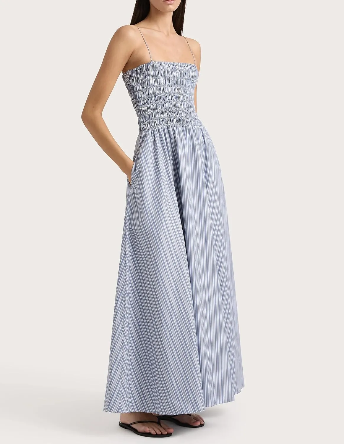 NUFIWI Women Summer Striped Maxi Dress Spaghetti Strap Backless Smocked Long Dress Boho Flowy A Line Beach Sundress