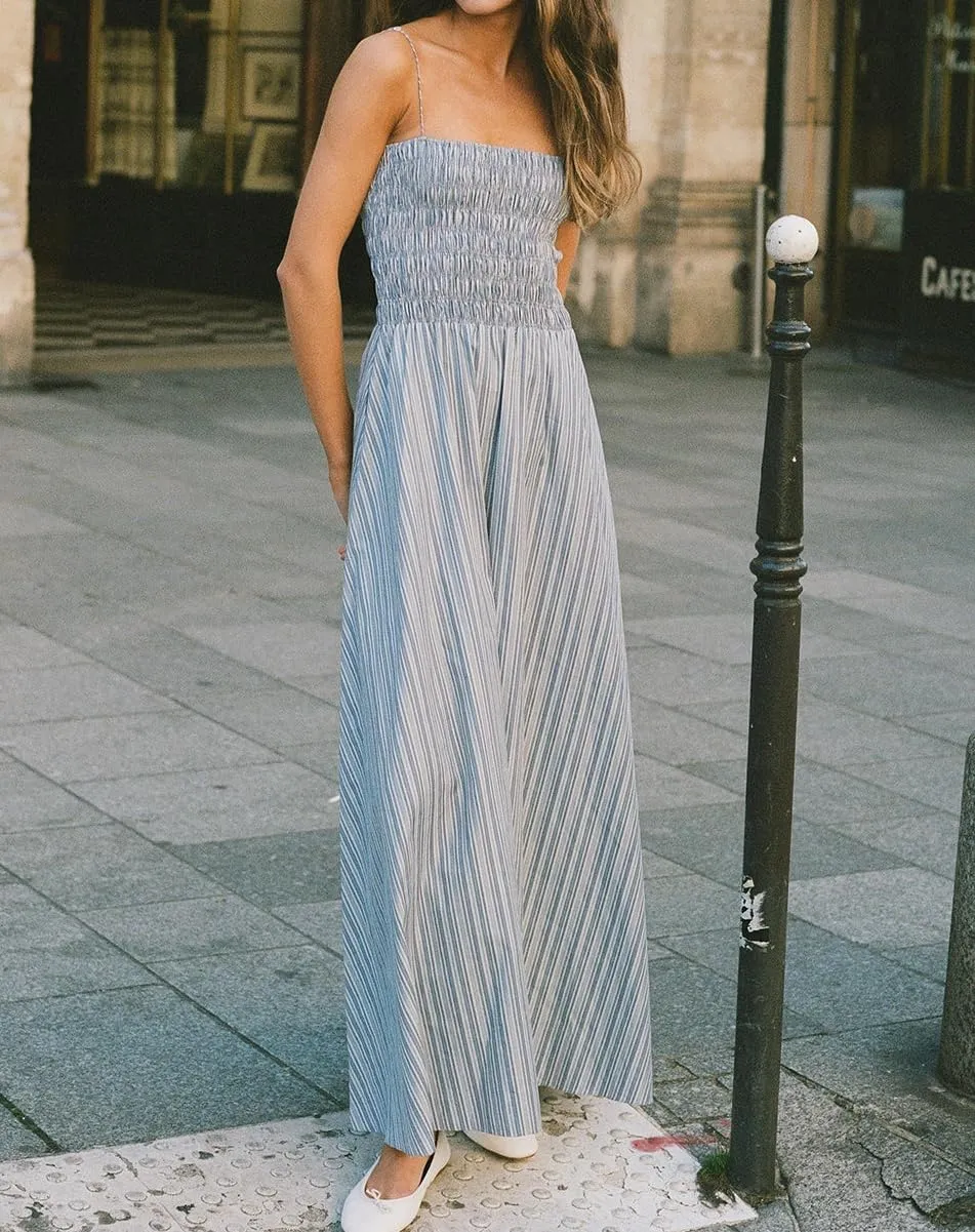 NUFIWI Women Summer Striped Maxi Dress Spaghetti Strap Backless Smocked Long Dress Boho Flowy A Line Beach Sundress