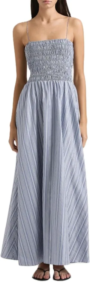 NUFIWI Women Summer Striped Maxi Dress Spaghetti Strap Backless Smocked Long Dress Boho Flowy A Line Beach Sundress
