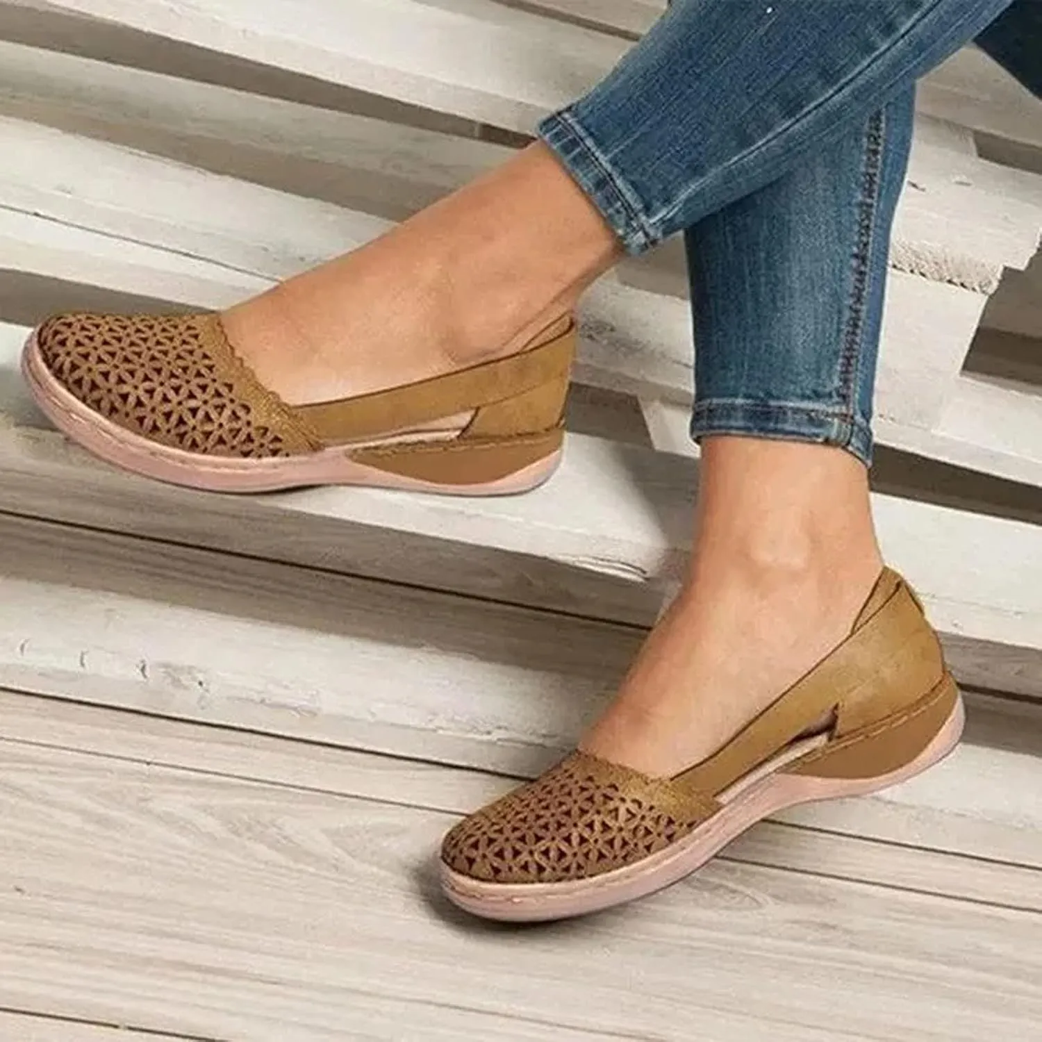 oiangi Womens Closed Toe Flat Sandals Summer Casual Loophole Mesh Hollow Platform Shoes Solid Color Comfortable Breathable Outdoor Sandalias Slipper