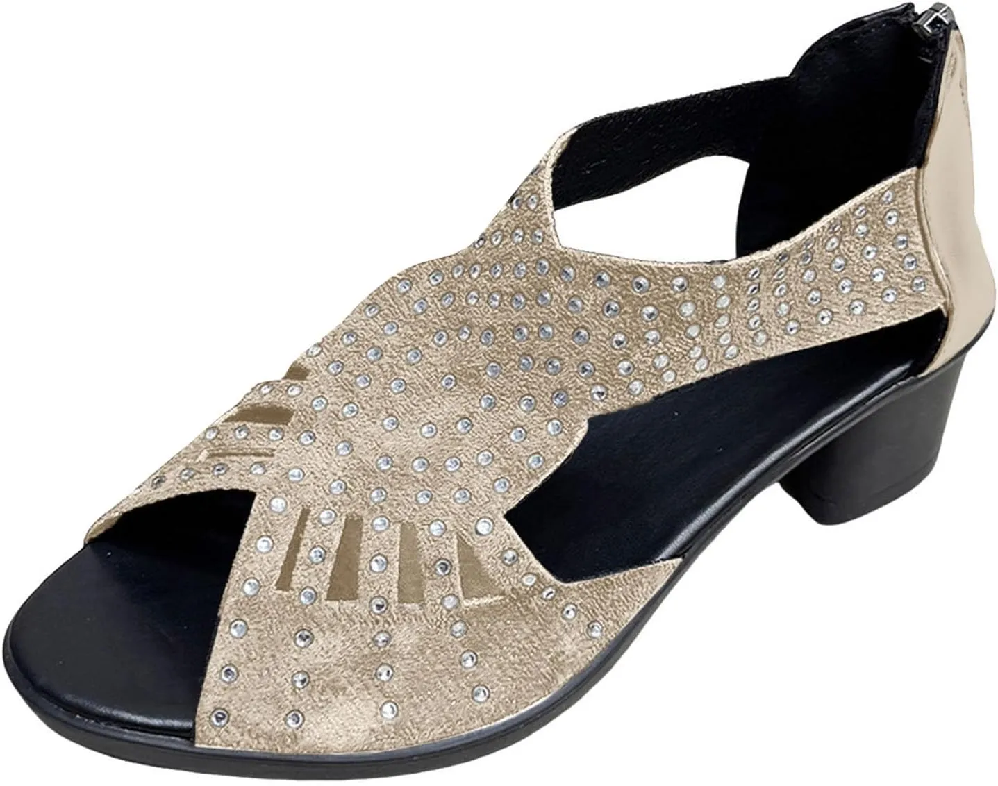 Open Toe Wedges Heels for Women Chunky Heel Fish Mouth Women's Shoes Rhinestone Rear Zipper Fashionable Casual Outer
