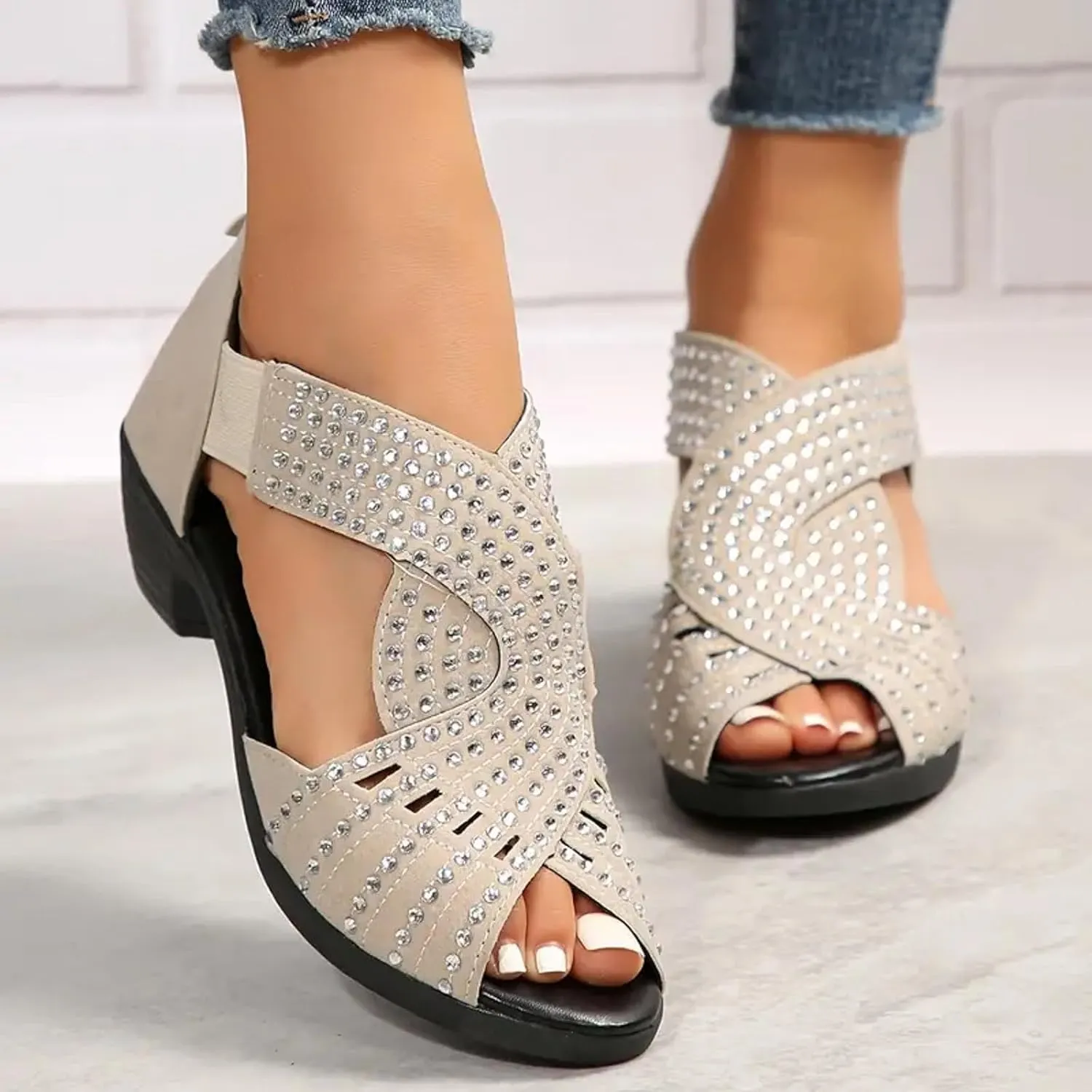 Open Toe Wedges Heels for Women Chunky Heel Fish Mouth Women's Shoes Rhinestone Rear Zipper Fashionable Casual Outer
