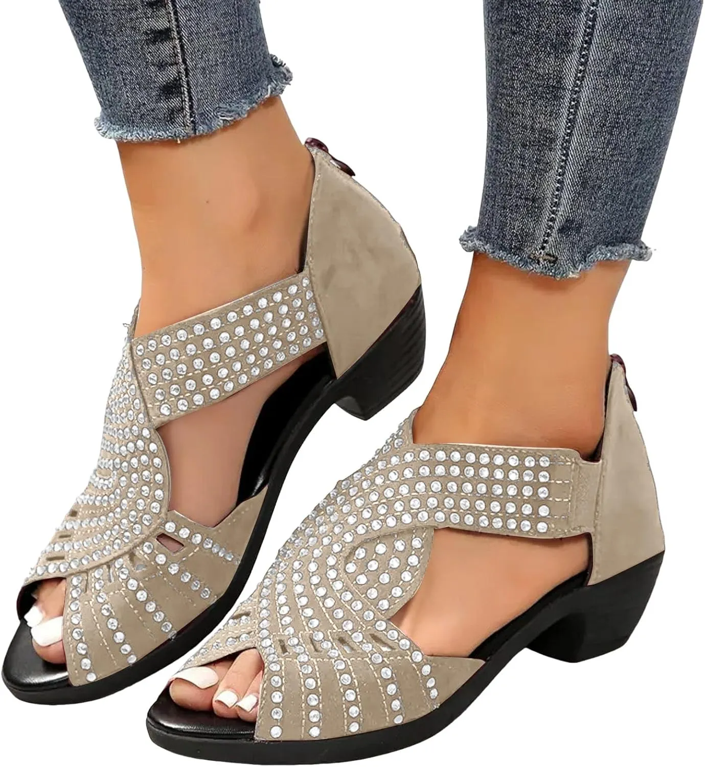 Open Toe Wedges Heels for Women Chunky Heel Fish Mouth Women's Shoes Rhinestone Rear Zipper Fashionable Casual Outer
