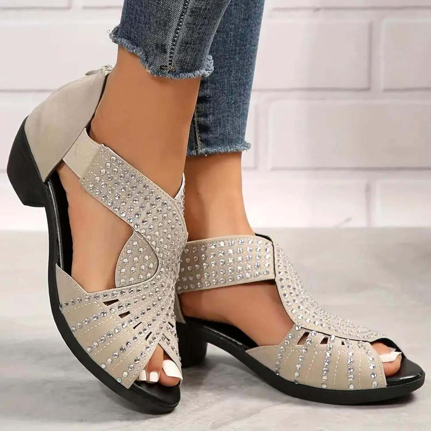 Open Toe Wedges Heels for Women Chunky Heel Fish Mouth Women's Shoes Rhinestone Rear Zipper Fashionable Casual Outer