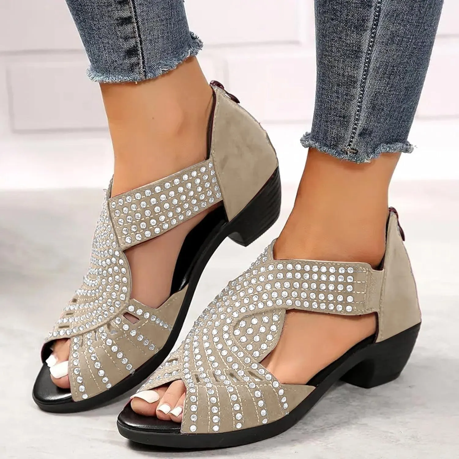 Open Toe Wedges Heels for Women Chunky Heel Fish Mouth Women's Shoes Rhinestone Rear Zipper Fashionable Casual Outer