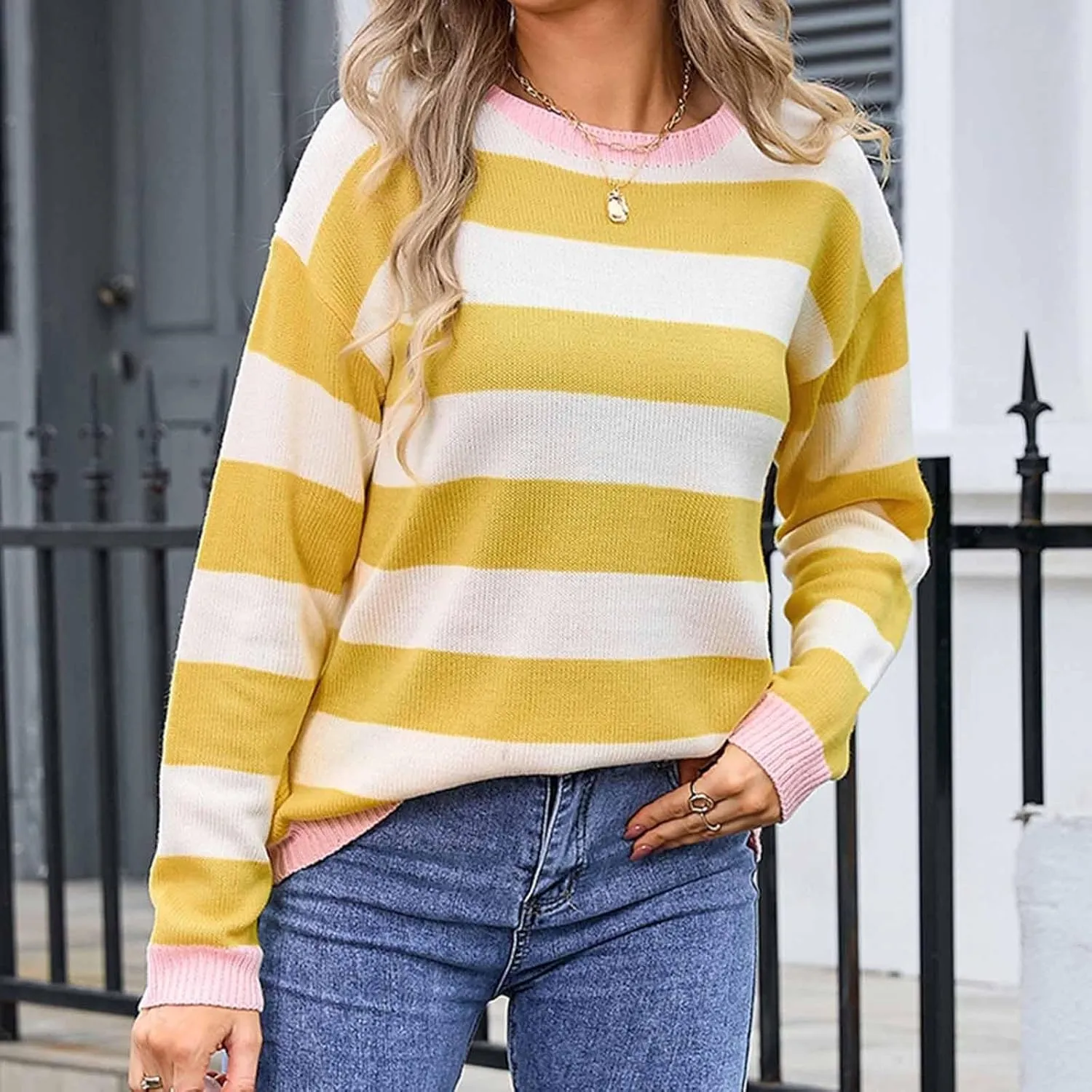 Orange and White Striped Sweater Oversized Sweatshirt Trendy Crewneck Tops Loose Long Sleeve Casual Stylish Pullover