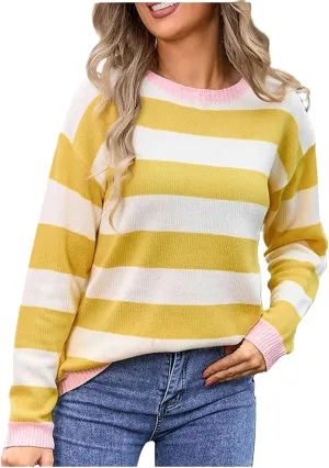 Orange and White Striped Sweater Oversized Sweatshirt Trendy Crewneck Tops Loose Long Sleeve Casual Stylish Pullover