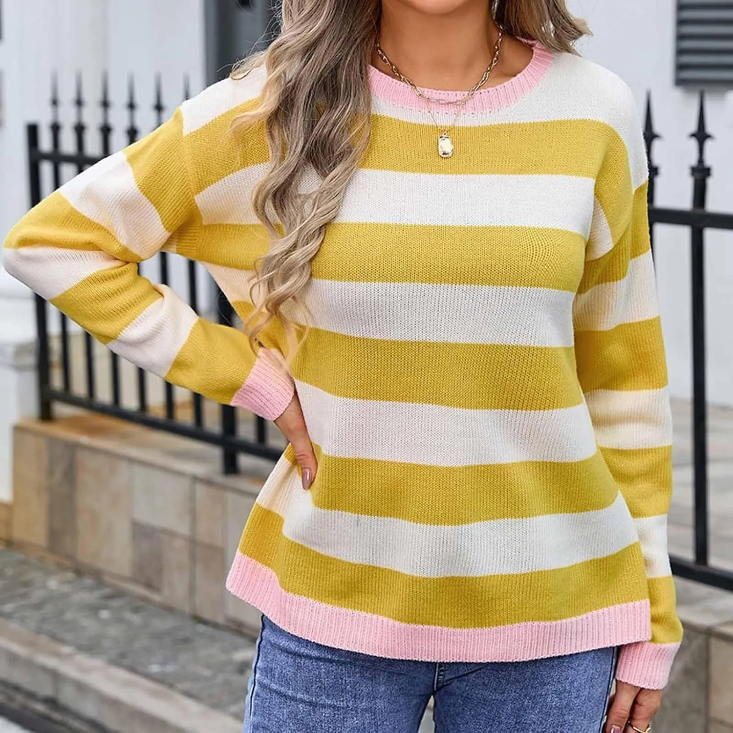 Orange and White Striped Sweater Oversized Sweatshirt Trendy Crewneck Tops Loose Long Sleeve Casual Stylish Pullover