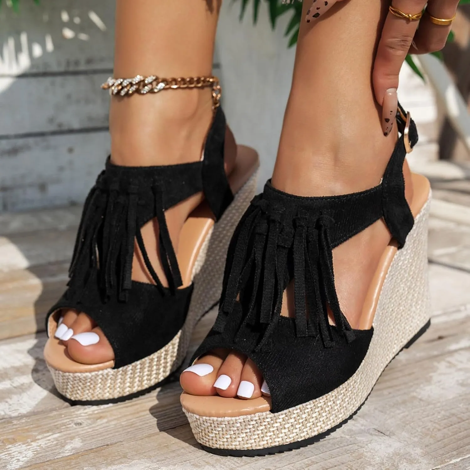Orthopedic Wedge Sandals for Women 2025 Summer Tassel Suede Woven Casual Open Toe Thick Soled High Heels Sandal Lightweight Comfortable Non Slip Outdoor Prom Party Dress Shoes