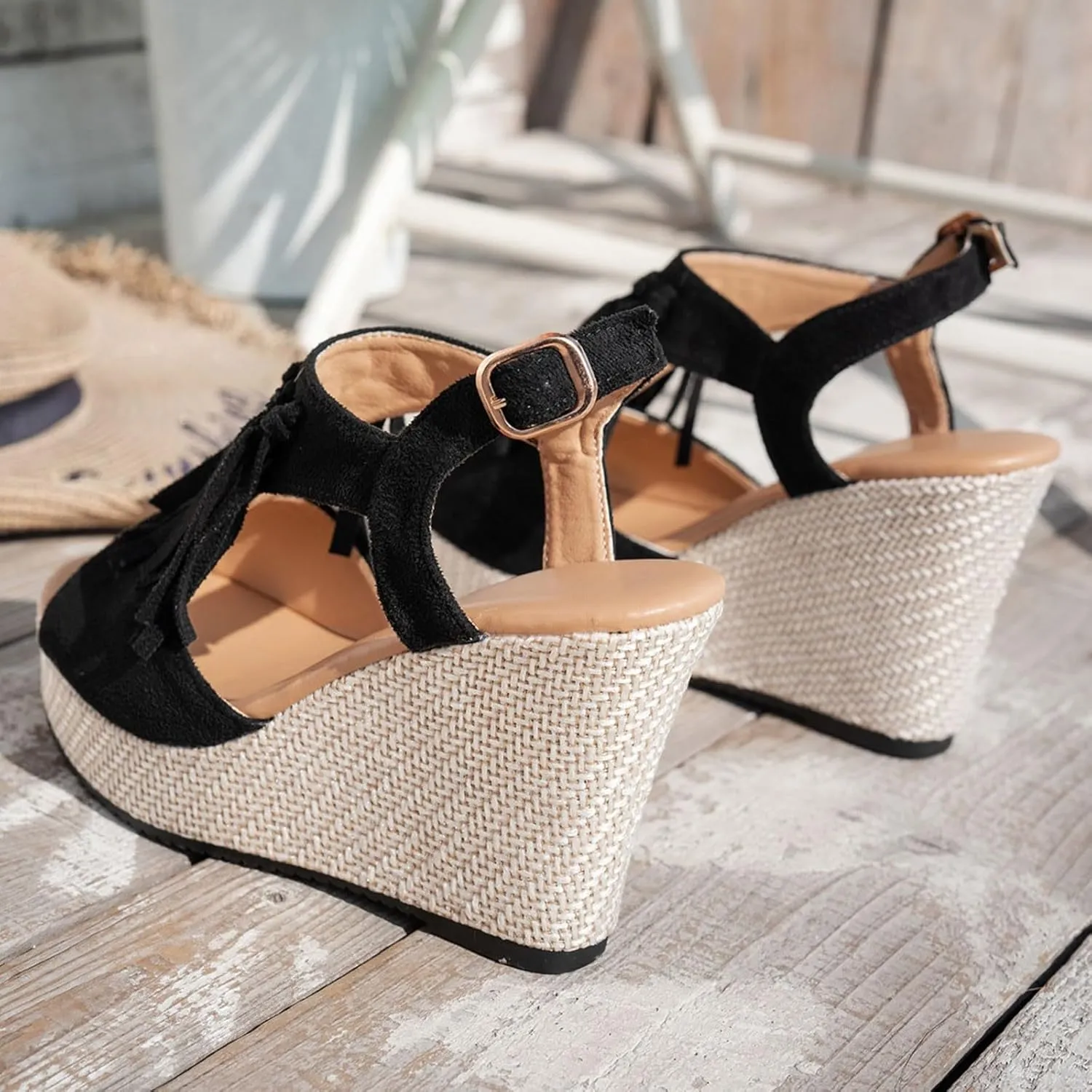 Orthopedic Wedge Sandals for Women 2025 Summer Tassel Suede Woven Casual Open Toe Thick Soled High Heels Sandal Lightweight Comfortable Non Slip Outdoor Prom Party Dress Shoes