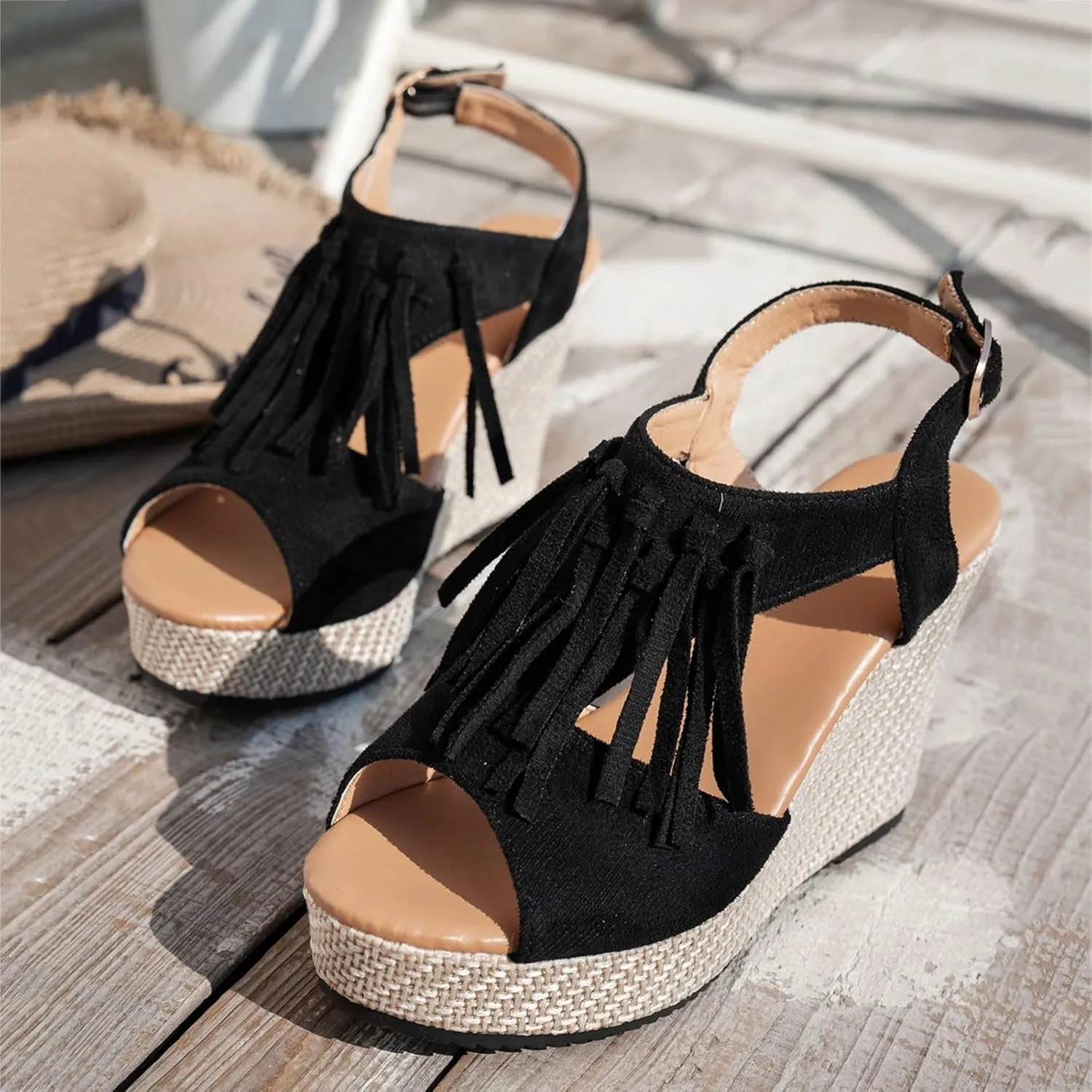 Orthopedic Wedge Sandals for Women 2025 Summer Tassel Suede Woven Casual Open Toe Thick Soled High Heels Sandal Lightweight Comfortable Non Slip Outdoor Prom Party Dress Shoes