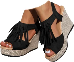 Orthopedic Wedge Sandals for Women 2025 Summer Tassel Suede Woven Casual Open Toe Thick Soled High Heels Sandal Lightweight Comfortable Non Slip Outdoor Prom Party Dress Shoes