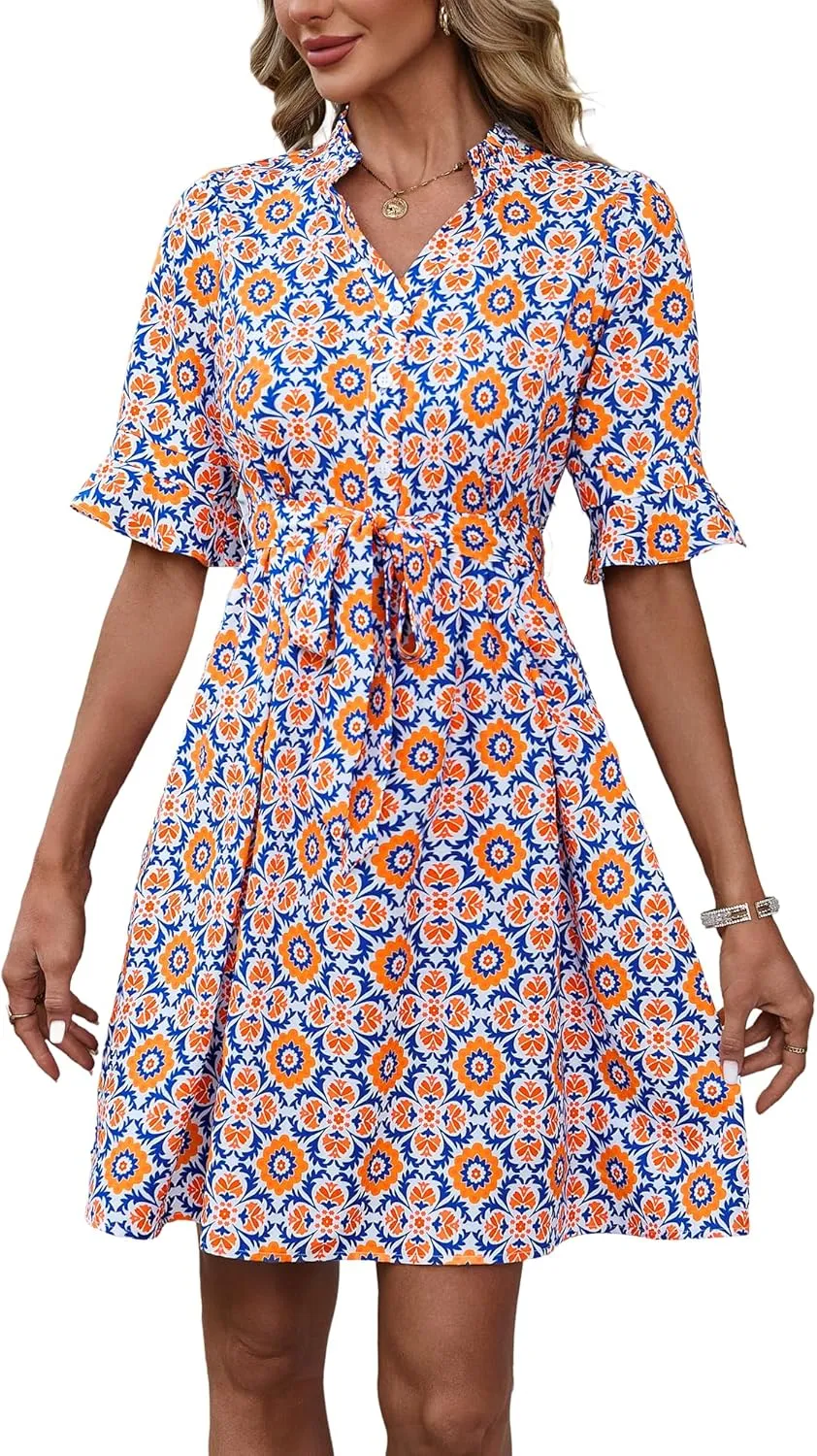 OURIN Womens Summer Dresses 2025 Ruffle Sleeve V Neck Button Down Tie Waist Casual Shirt Dress with Pockets