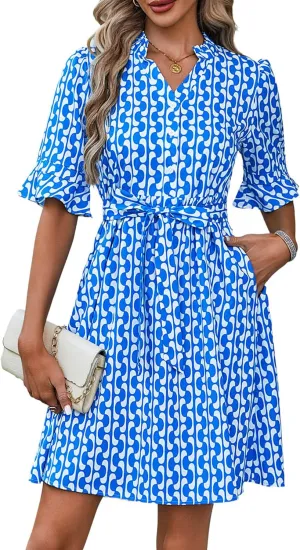 OURIN Womens Summer Dresses 2025 Ruffle Sleeve V Neck Button Down Tie Waist Casual Shirt Dress with Pockets