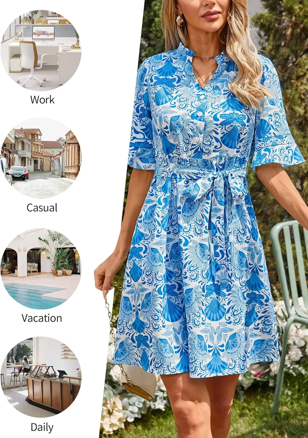OURIN Womens Summer Dresses 2025 Ruffle Sleeve V Neck Button Down Tie Waist Casual Shirt Dress with Pockets