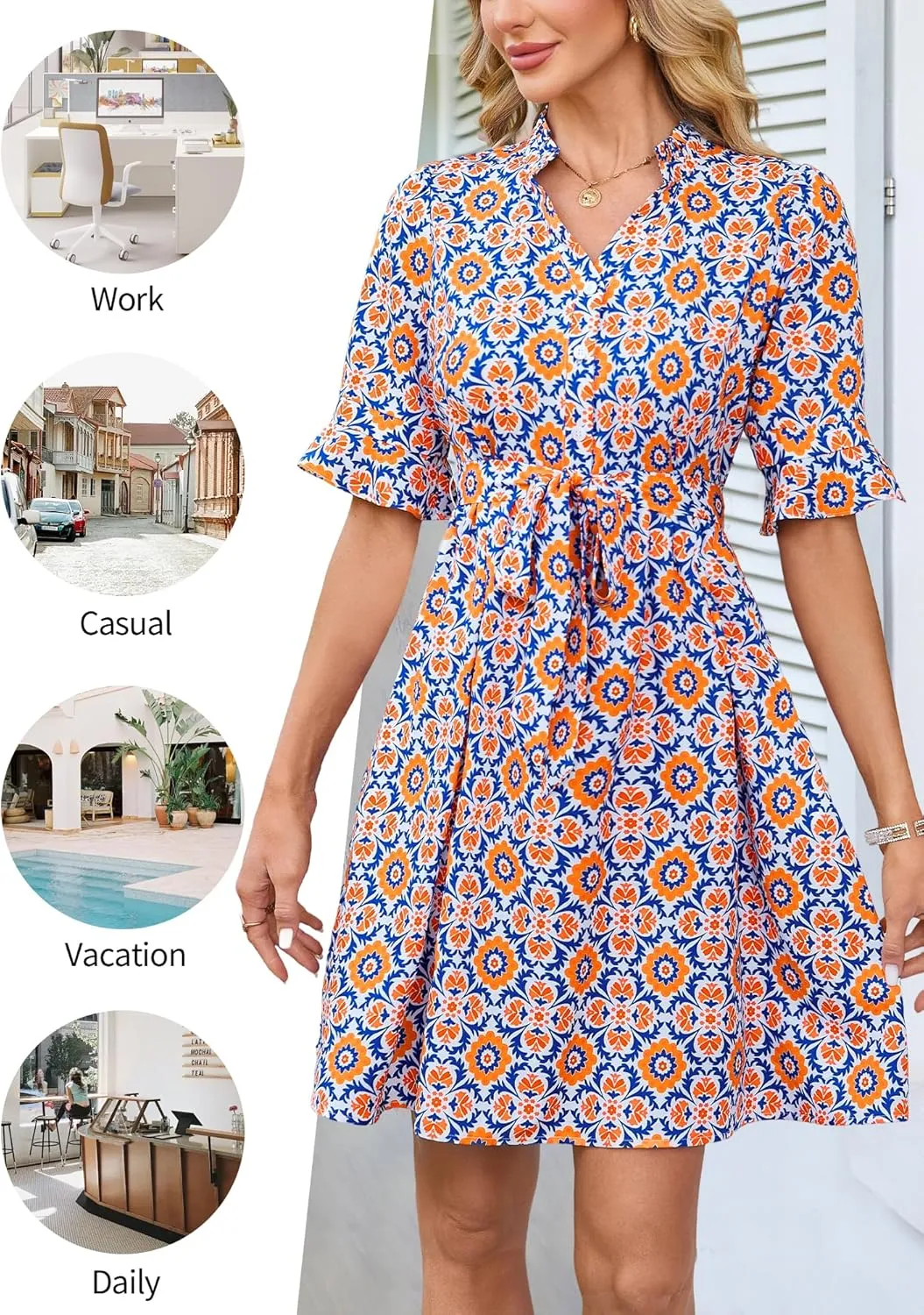OURIN Womens Summer Dresses 2025 Ruffle Sleeve V Neck Button Down Tie Waist Casual Shirt Dress with Pockets