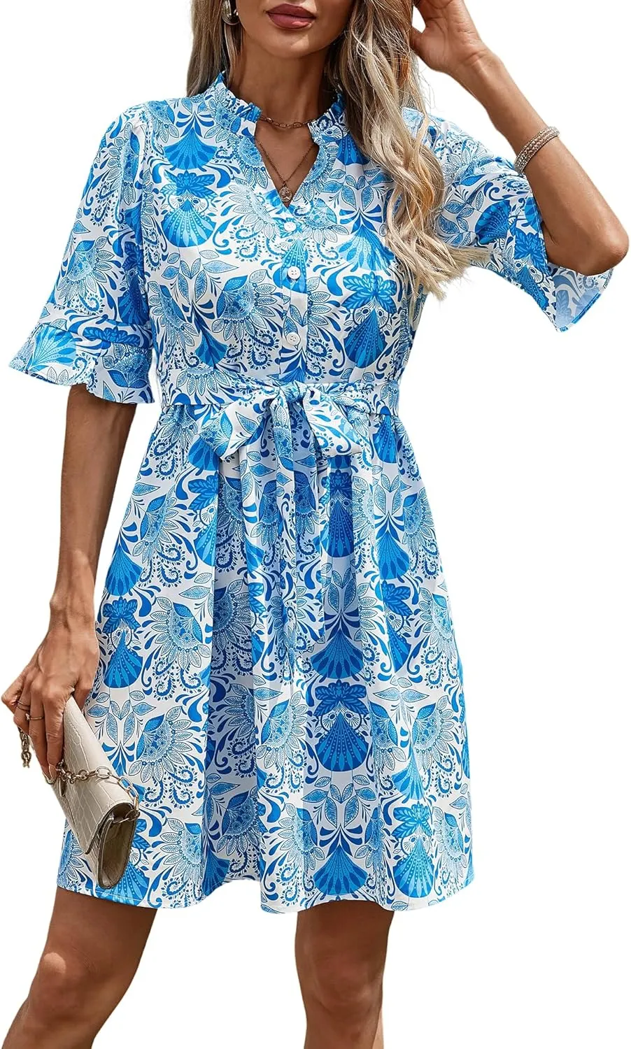 OURIN Womens Summer Dresses 2025 Ruffle Sleeve V Neck Button Down Tie Waist Casual Shirt Dress with Pockets