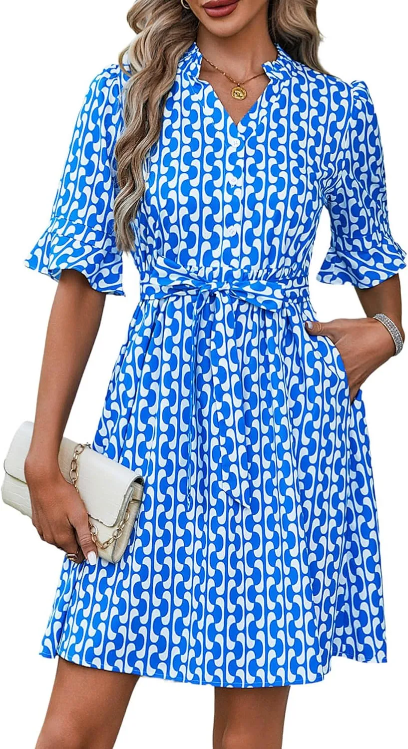 OURIN Womens Summer Dresses 2025 Ruffle Sleeve V Neck Button Down Tie Waist Casual Shirt Dress with Pockets