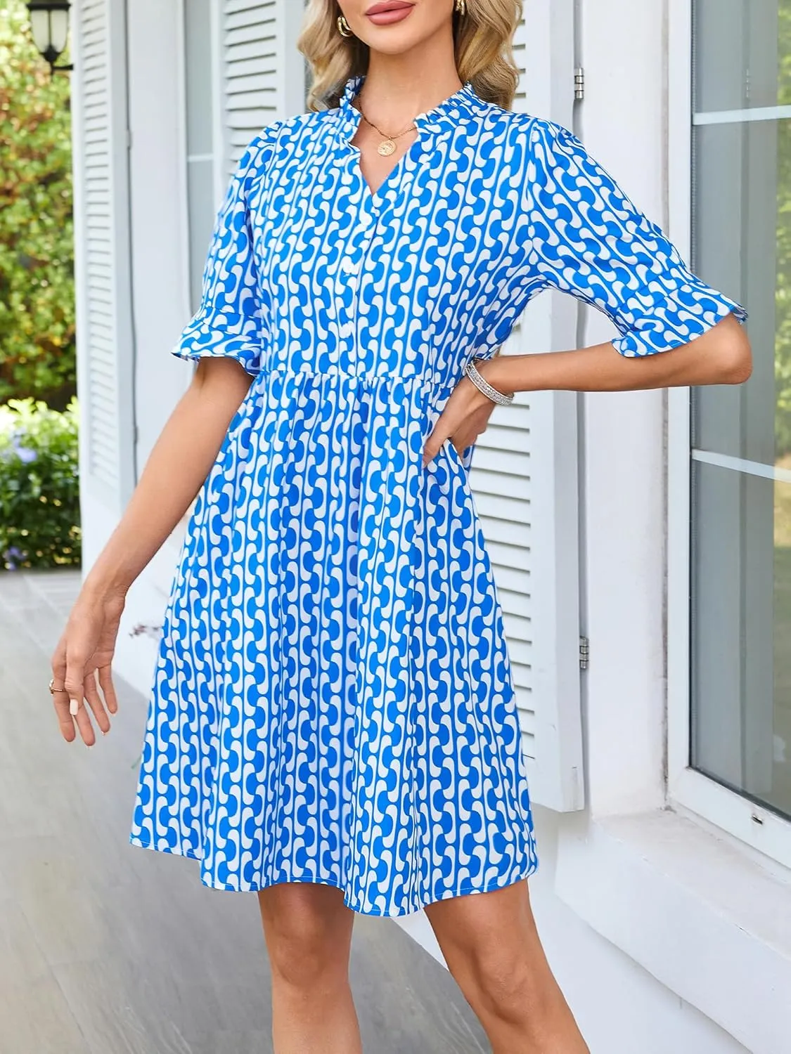 OURIN Womens Summer Dresses 2025 Ruffle Sleeve V Neck Button Down Tie Waist Casual Shirt Dress with Pockets