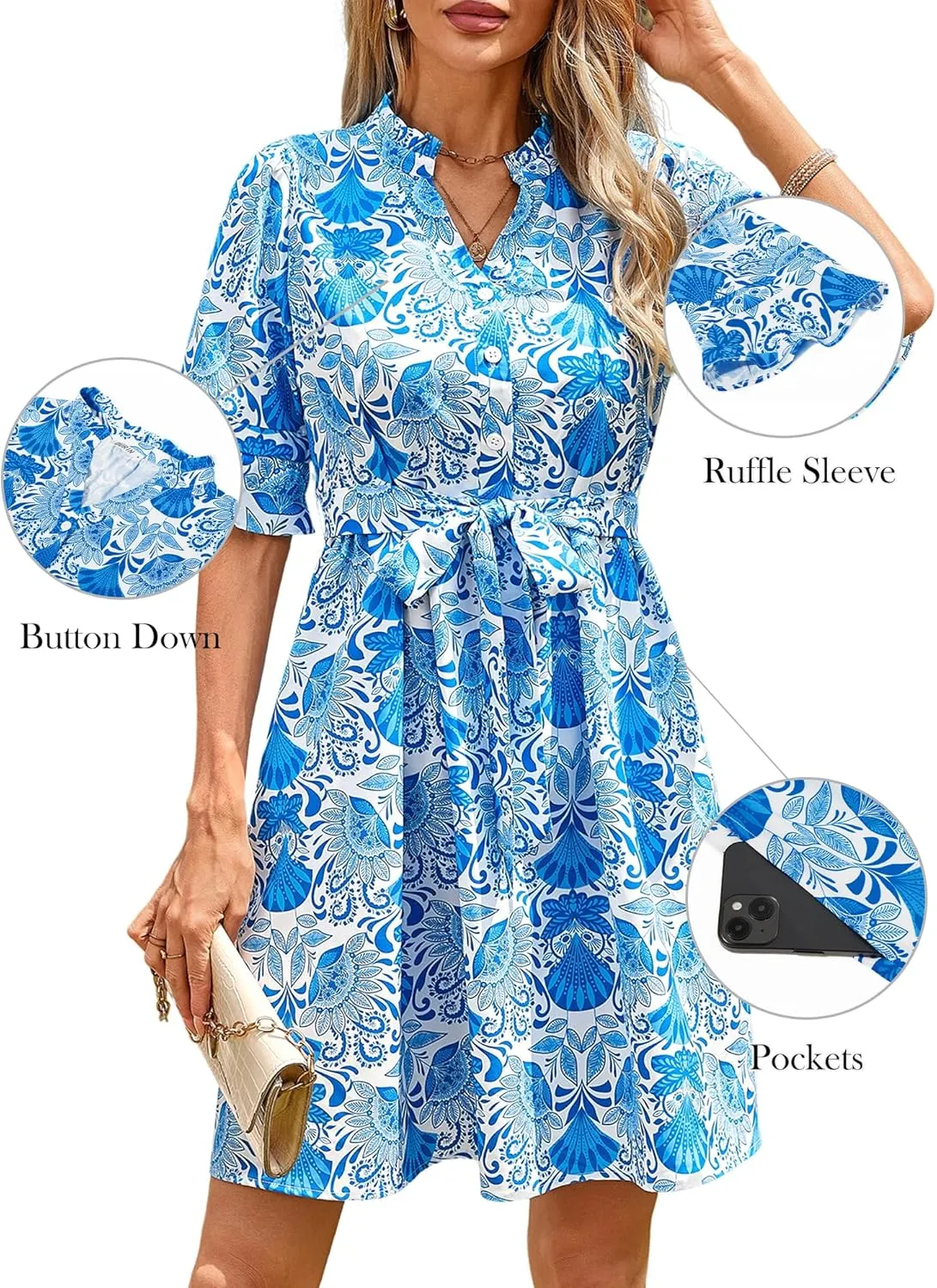 OURIN Womens Summer Dresses 2025 Ruffle Sleeve V Neck Button Down Tie Waist Casual Shirt Dress with Pockets