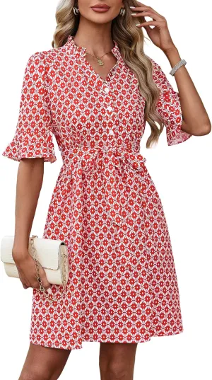 OURIN Womens Summer Dresses 2025 Ruffle Sleeve V Neck Button Down Tie Waist Casual Shirt Dress with Pockets