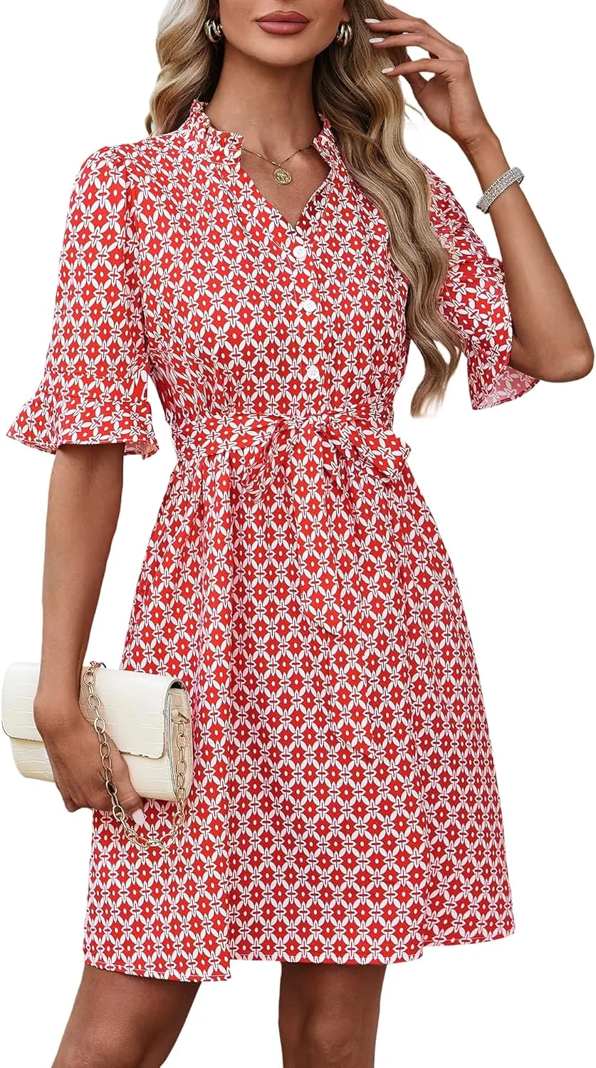 OURIN Womens Summer Dresses 2025 Ruffle Sleeve V Neck Button Down Tie Waist Casual Shirt Dress with Pockets