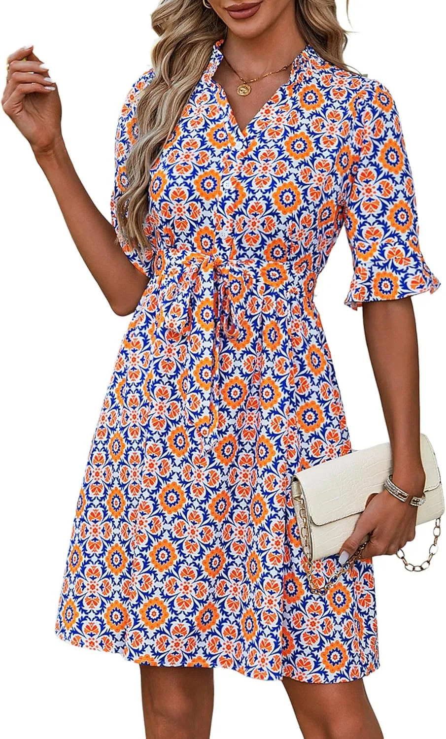 OURIN Womens Summer Dresses 2025 Ruffle Sleeve V Neck Button Down Tie Waist Casual Shirt Dress with Pockets