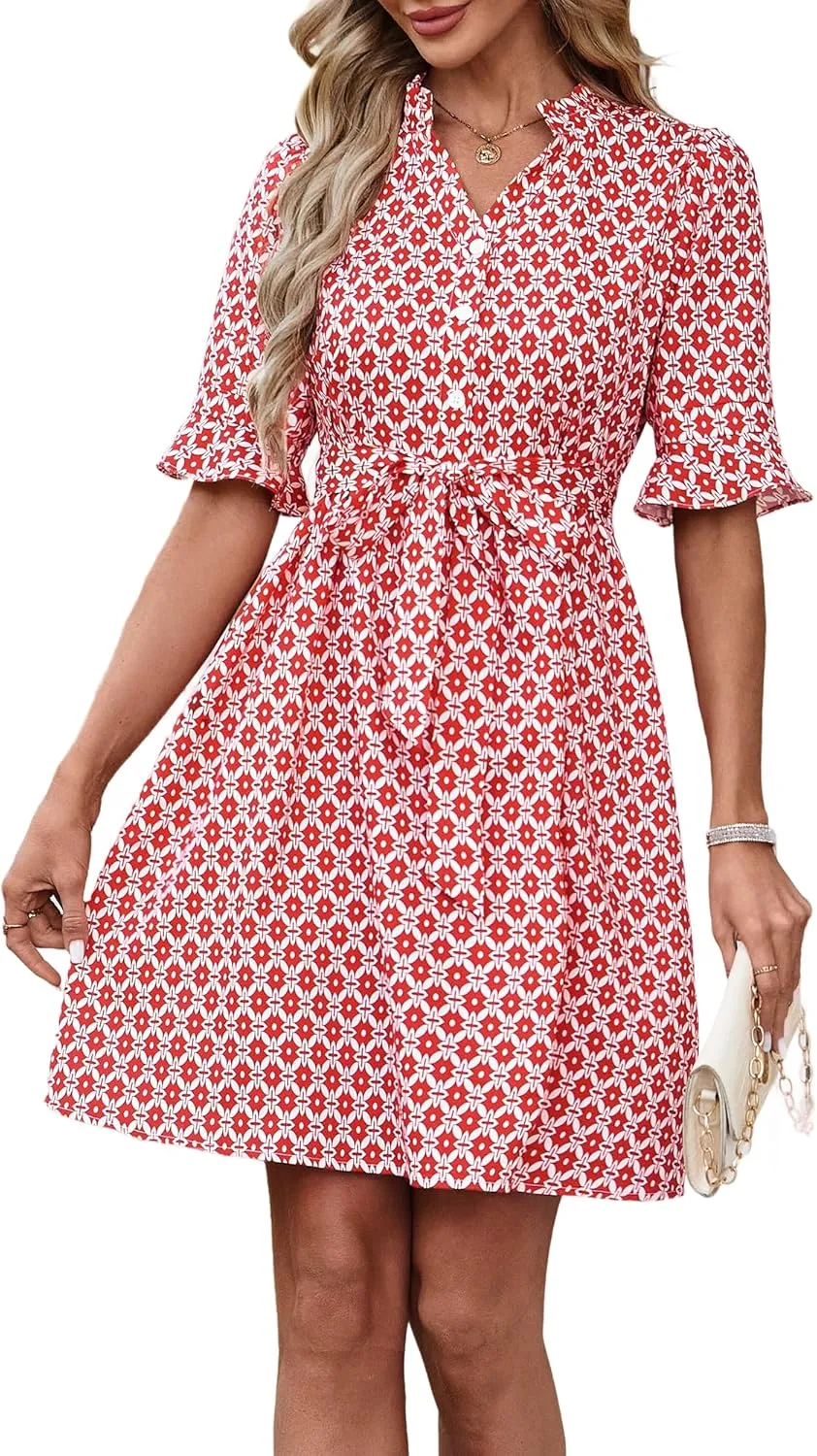 OURIN Womens Summer Dresses 2025 Ruffle Sleeve V Neck Button Down Tie Waist Casual Shirt Dress with Pockets