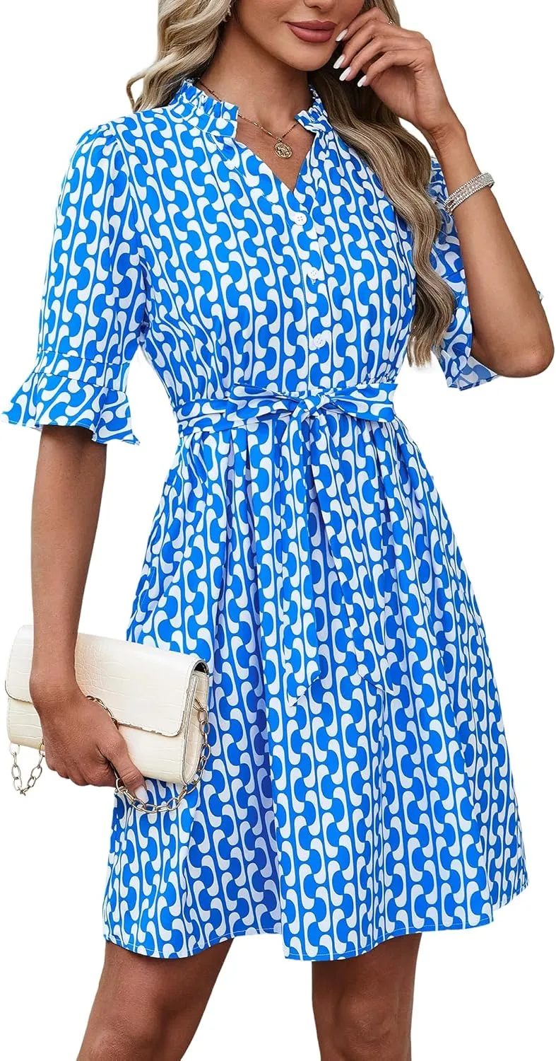 OURIN Womens Summer Dresses 2025 Ruffle Sleeve V Neck Button Down Tie Waist Casual Shirt Dress with Pockets