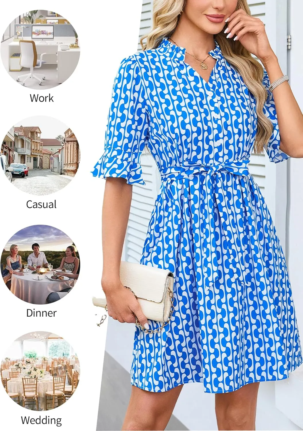 OURIN Womens Summer Dresses 2025 Ruffle Sleeve V Neck Button Down Tie Waist Casual Shirt Dress with Pockets