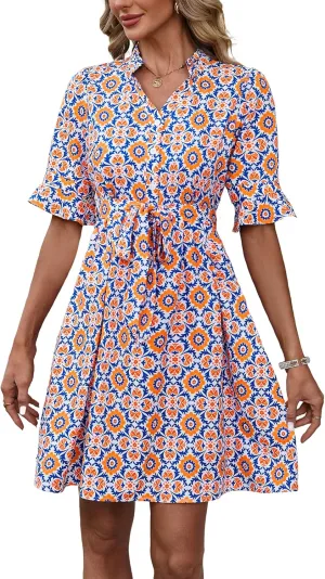 OURIN Womens Summer Dresses 2025 Ruffle Sleeve V Neck Button Down Tie Waist Casual Shirt Dress with Pockets
