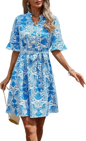 OURIN Womens Summer Dresses 2025 Ruffle Sleeve V Neck Button Down Tie Waist Casual Shirt Dress with Pockets