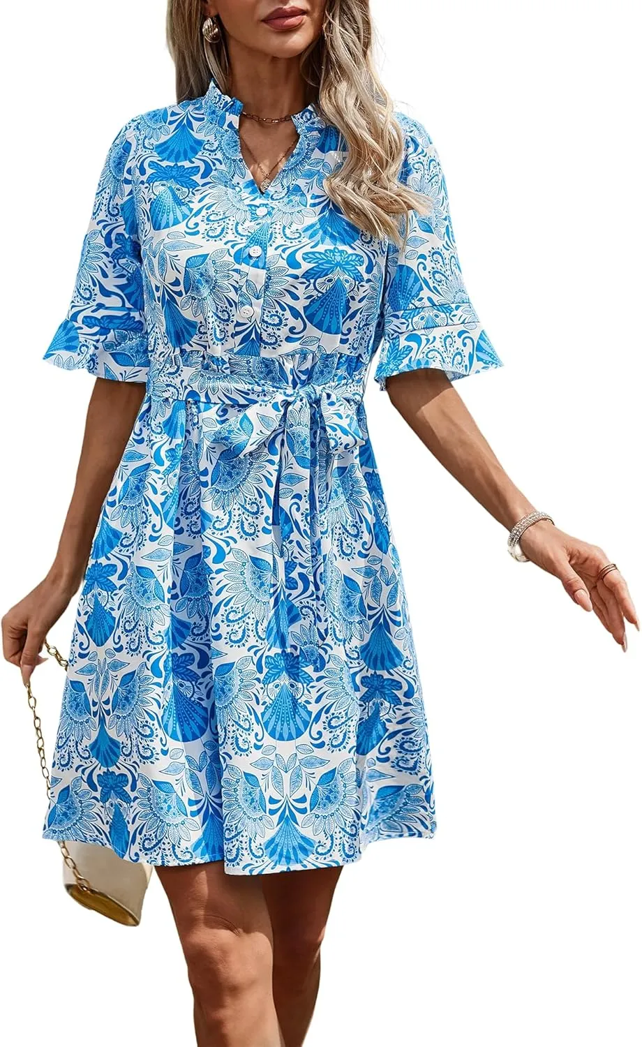 OURIN Womens Summer Dresses 2025 Ruffle Sleeve V Neck Button Down Tie Waist Casual Shirt Dress with Pockets