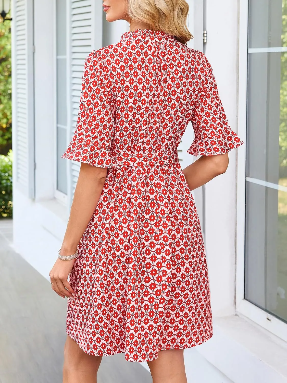 OURIN Womens Summer Dresses 2025 Ruffle Sleeve V Neck Button Down Tie Waist Casual Shirt Dress with Pockets