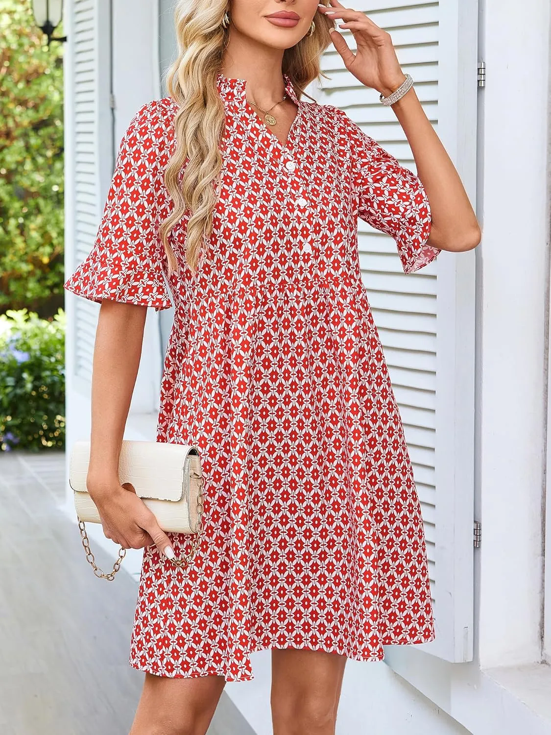 OURIN Womens Summer Dresses 2025 Ruffle Sleeve V Neck Button Down Tie Waist Casual Shirt Dress with Pockets
