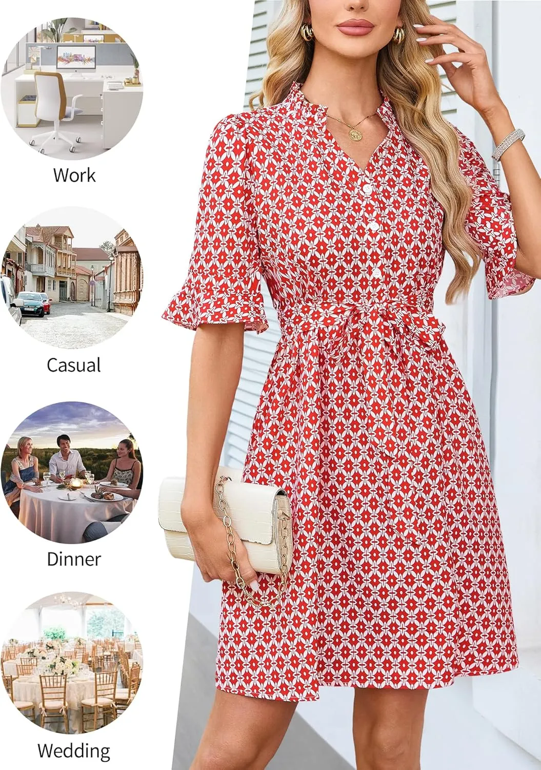 OURIN Womens Summer Dresses 2025 Ruffle Sleeve V Neck Button Down Tie Waist Casual Shirt Dress with Pockets