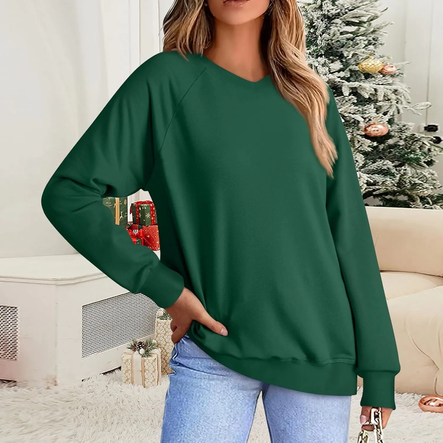 Oversized V Neck Sweatshirt Women Plus Size Plain Pullover Sweatshirts Cute Teen Long Sleeve Sweat Shirts Y2k Tops