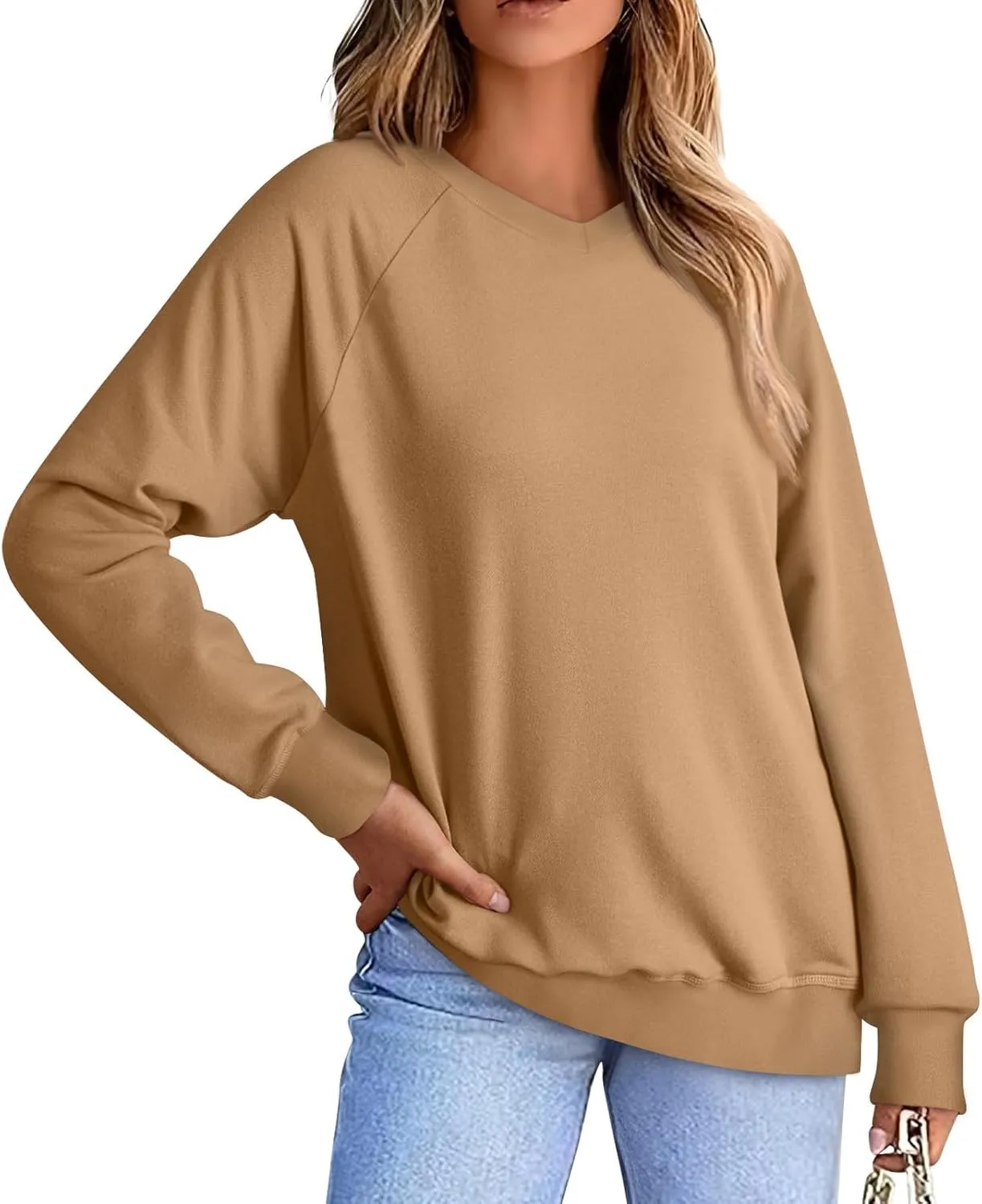 Oversized V Neck Sweatshirt Women Plus Size Plain Pullover Sweatshirts Cute Teen Long Sleeve Sweat Shirts Y2k Tops