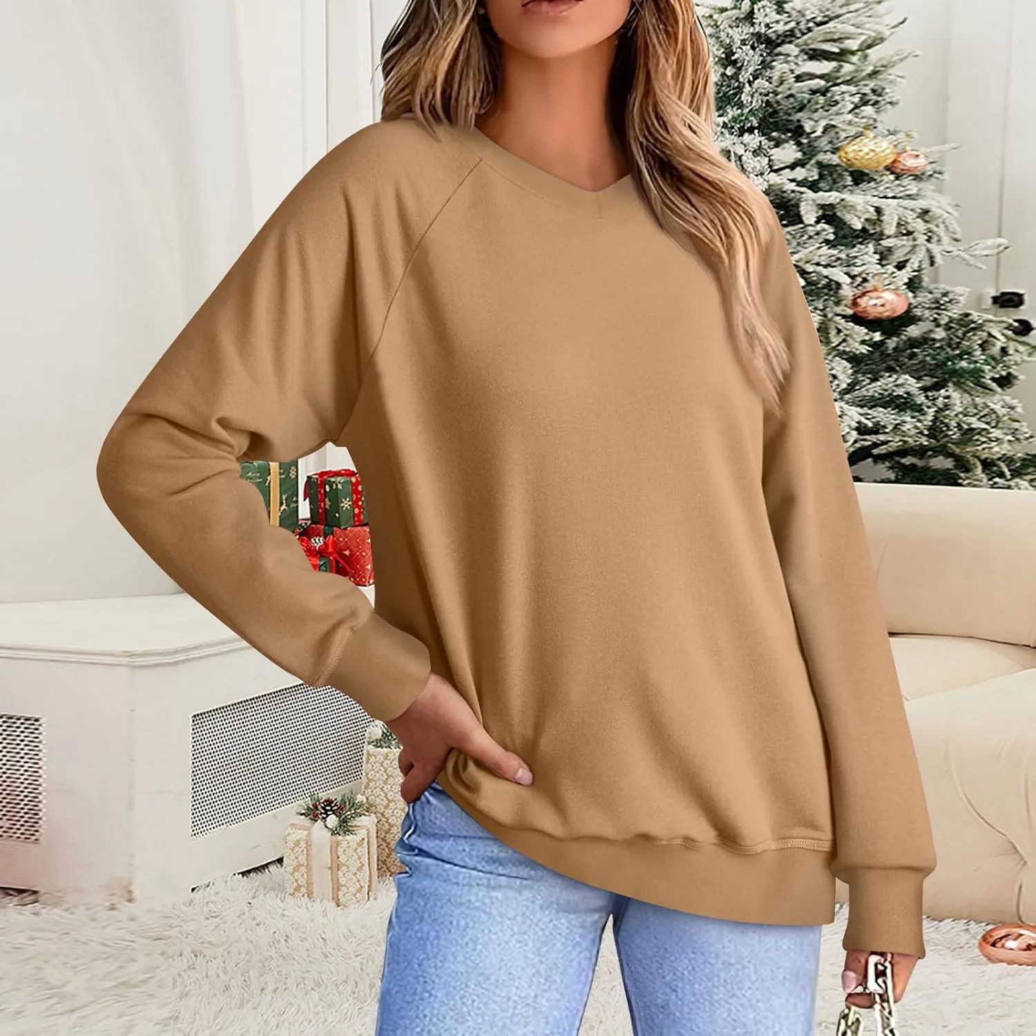 Oversized V Neck Sweatshirt Women Plus Size Plain Pullover Sweatshirts Cute Teen Long Sleeve Sweat Shirts Y2k Tops