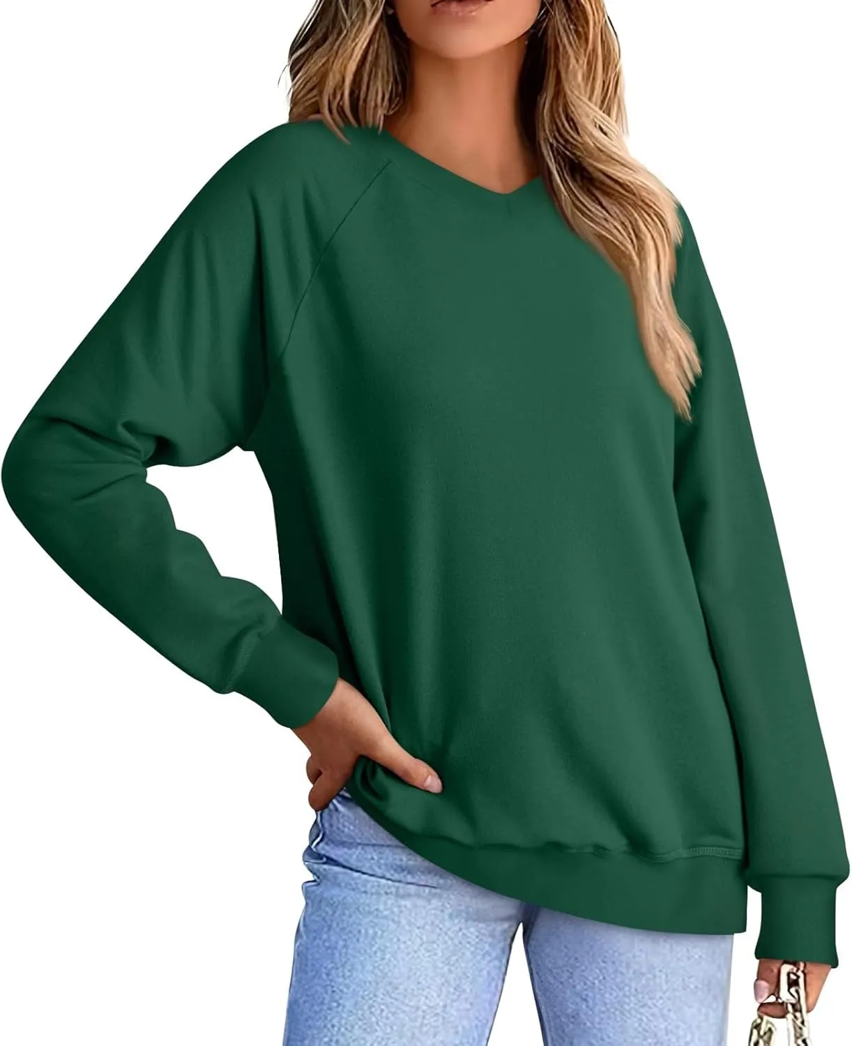 Oversized V Neck Sweatshirt Women Plus Size Plain Pullover Sweatshirts Cute Teen Long Sleeve Sweat Shirts Y2k Tops
