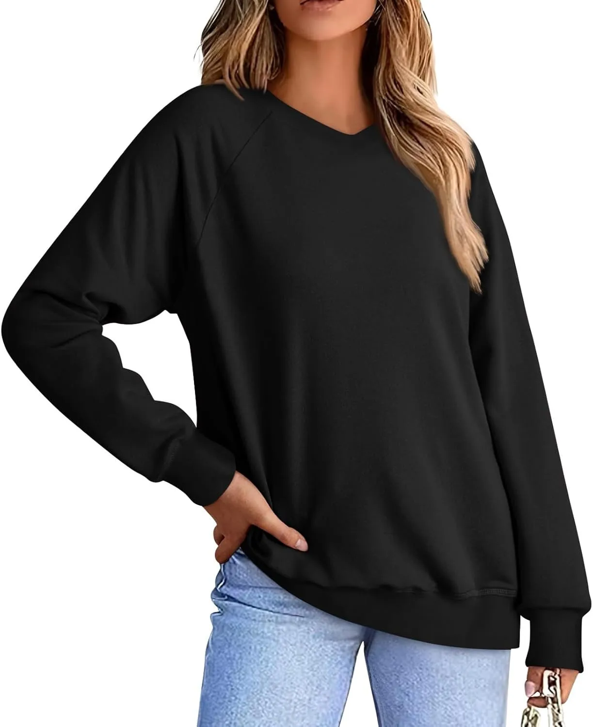 Oversized V Neck Sweatshirt Women Plus Size Plain Pullover Sweatshirts Cute Teen Long Sleeve Sweat Shirts Y2k Tops