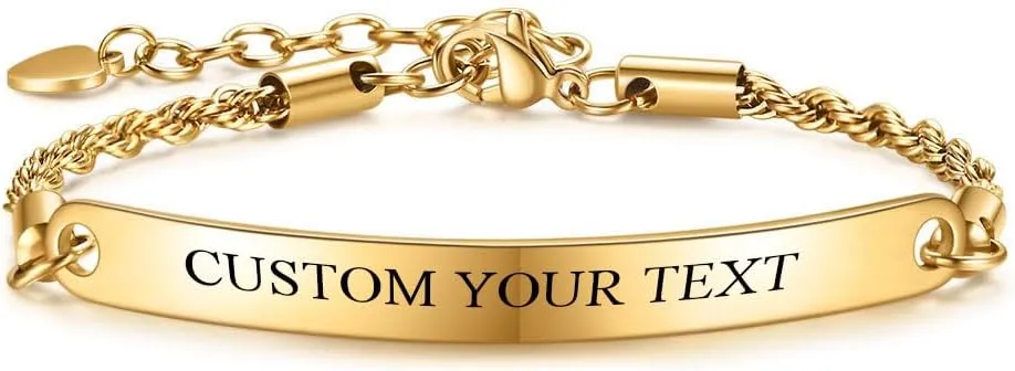 Personalized High Polish Stainless Steel Thin Bar ID Twist Chain Inspirational Adjustable Bracelets,Motivation Jewelry for Son Daughter Best Friend