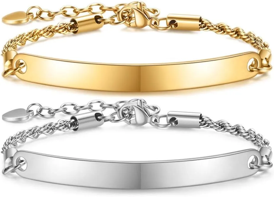 Personalized High Polish Stainless Steel Thin Bar ID Twist Chain Inspirational Adjustable Bracelets,Motivation Jewelry for Son Daughter Best Friend