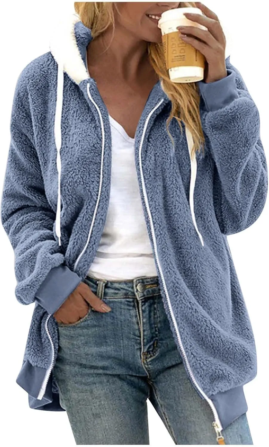 PETYCZEN Winter Jackets for Women Warm Fuzzy Sherpa Lined Plus Size Coats Casual Long Sleeve Zip Up Fleece Jacket Outerwear