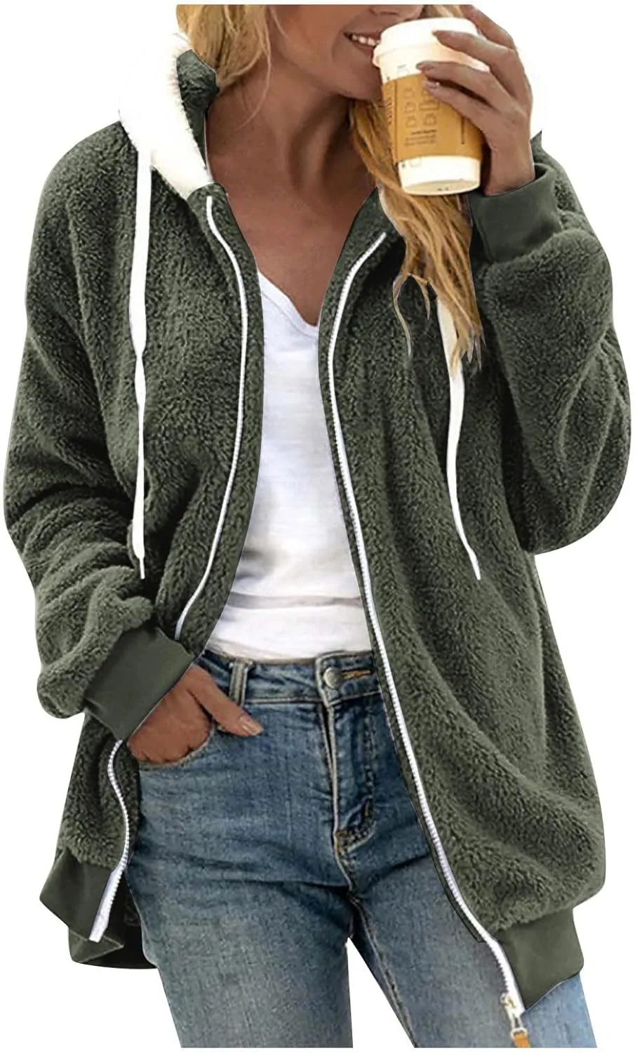 PETYCZEN Winter Jackets for Women Warm Fuzzy Sherpa Lined Plus Size Coats Casual Long Sleeve Zip Up Fleece Jacket Outerwear